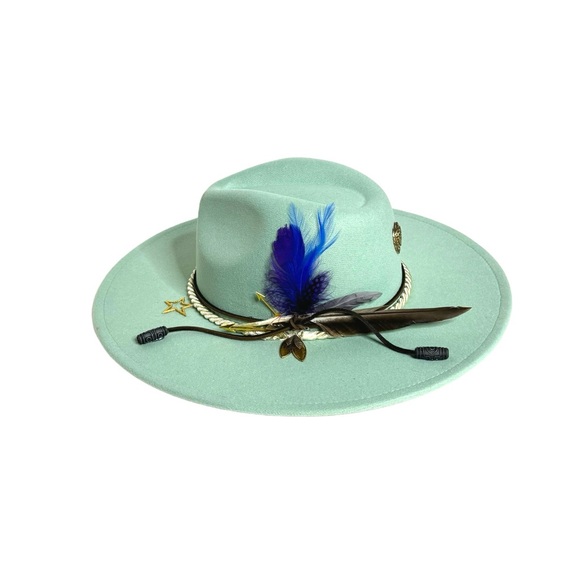 Unisex Customized wide brim teal Fedora hat. - Picture 9 of 14